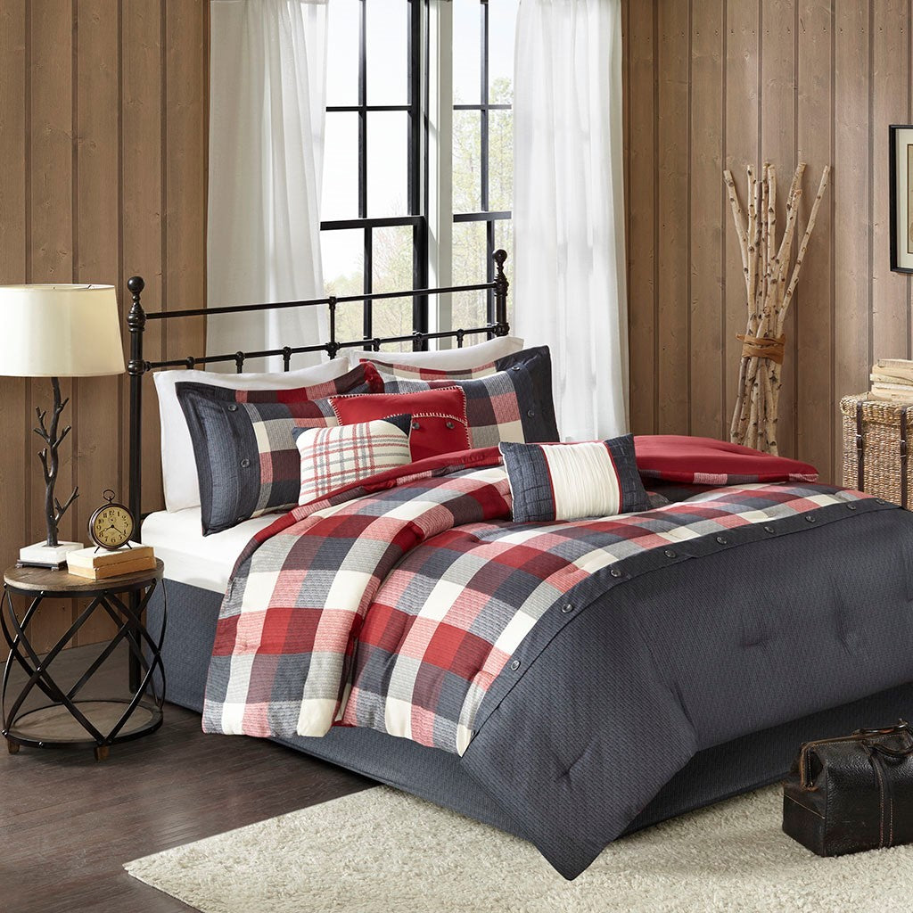 7 Piece Herringbone Comforter Set Red King