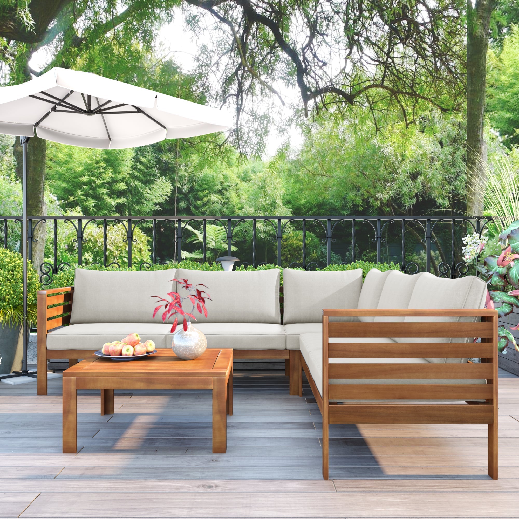 Wood Structure Outdoor Sofa Set with Beige Cushions