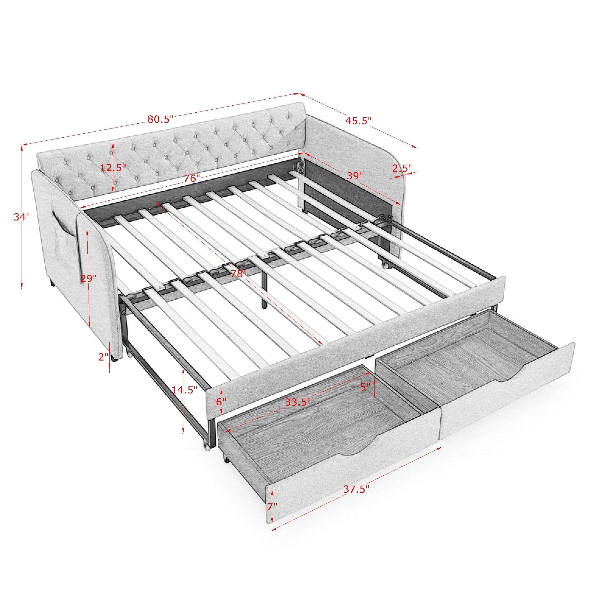 Daybed With Trundle And Storage Drawers, Flat Arms With Pocket