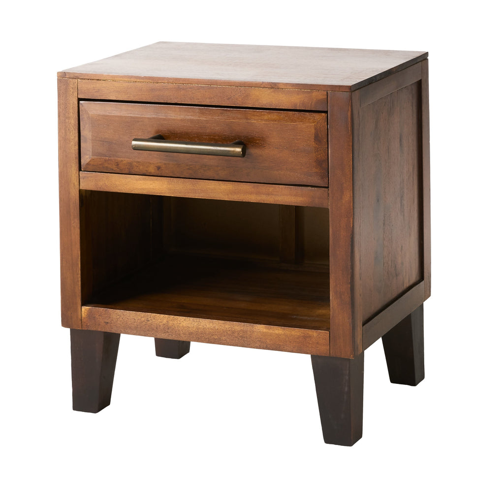 End Table in Brown Acacia Wood with Storage Drawer and Shelf