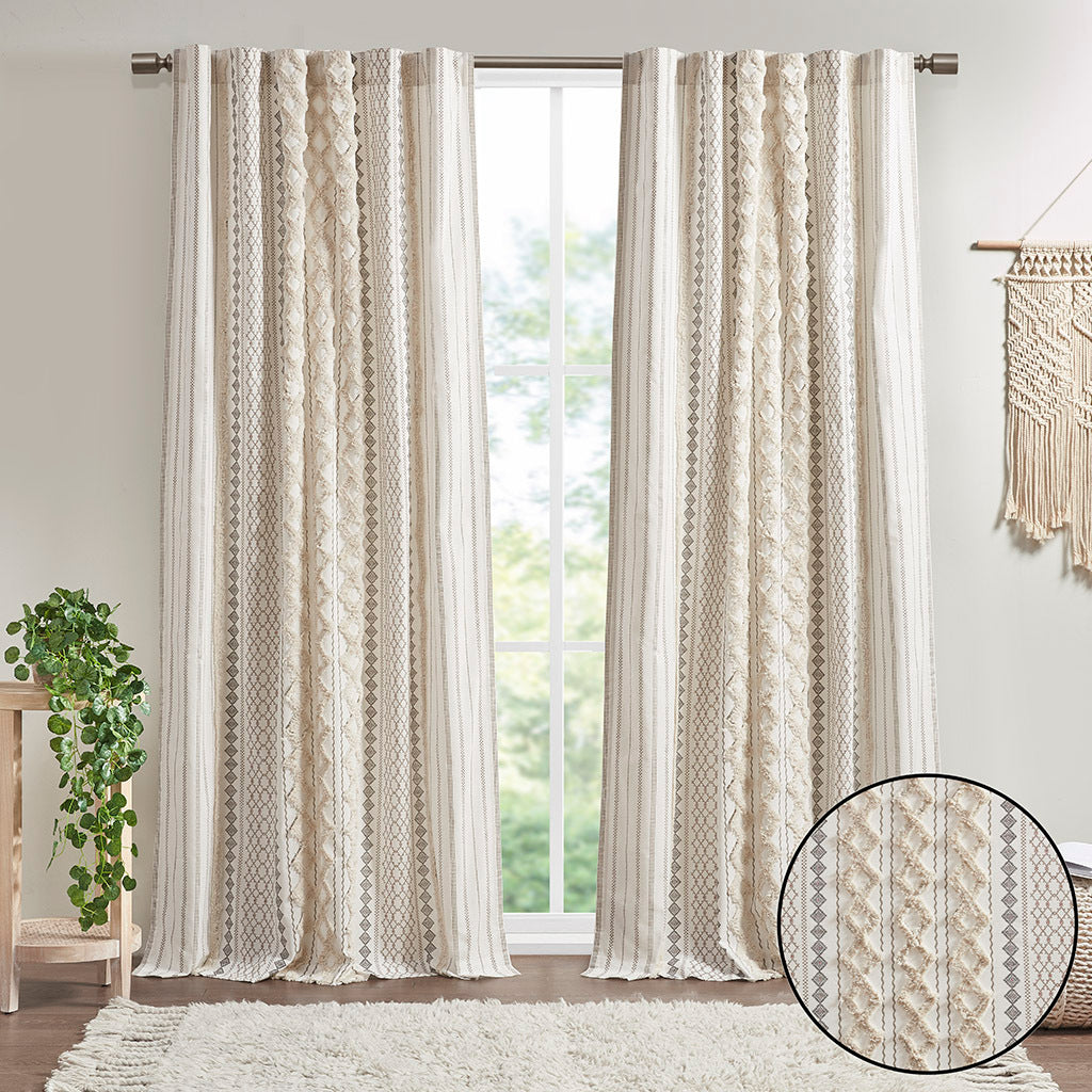 Cotton Printed Curtain Panel with Chenille Stripe and Lining Ivory 50x95