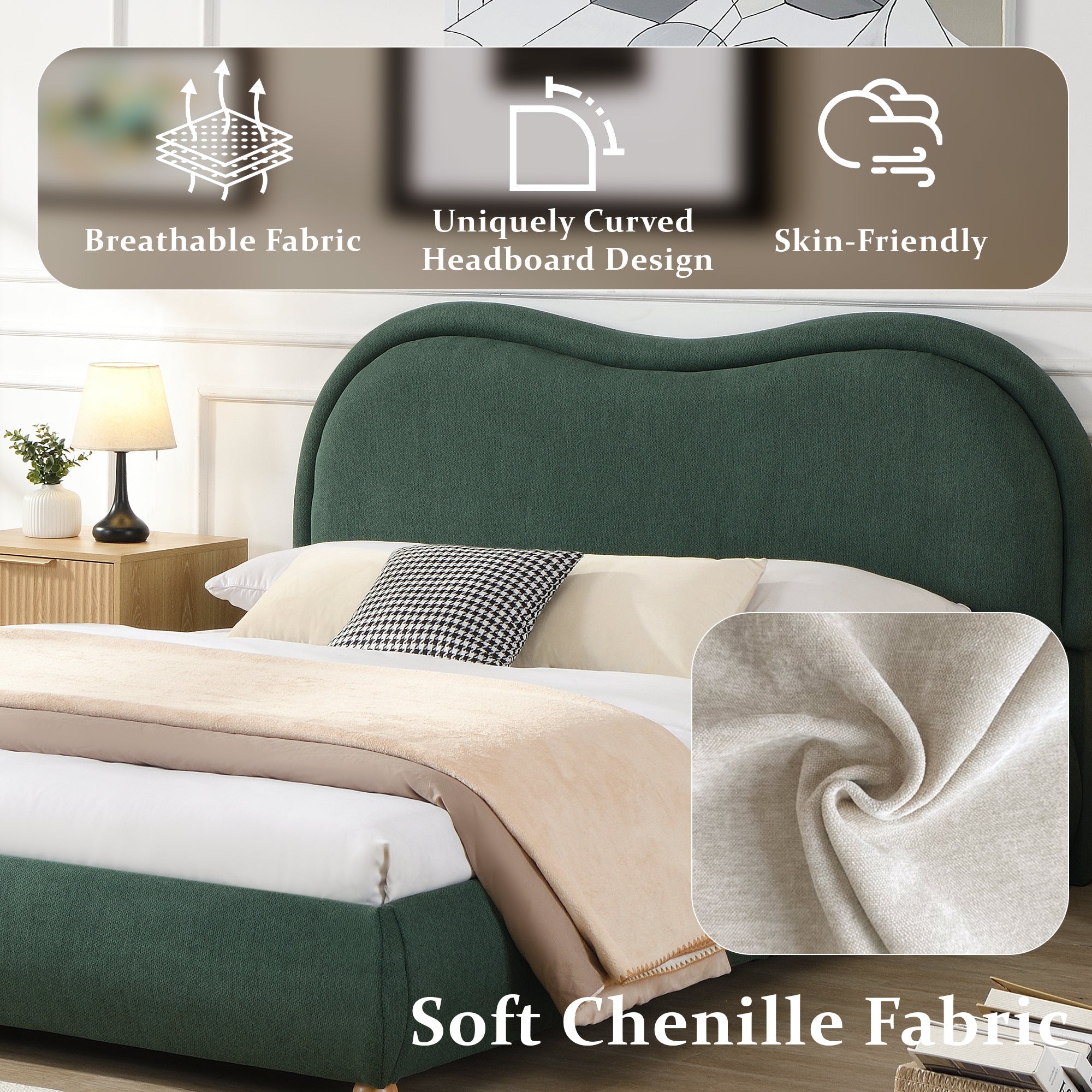 Queen Size Upholstered Platform Bed Frame with Rounded Corners Curved Headboard
