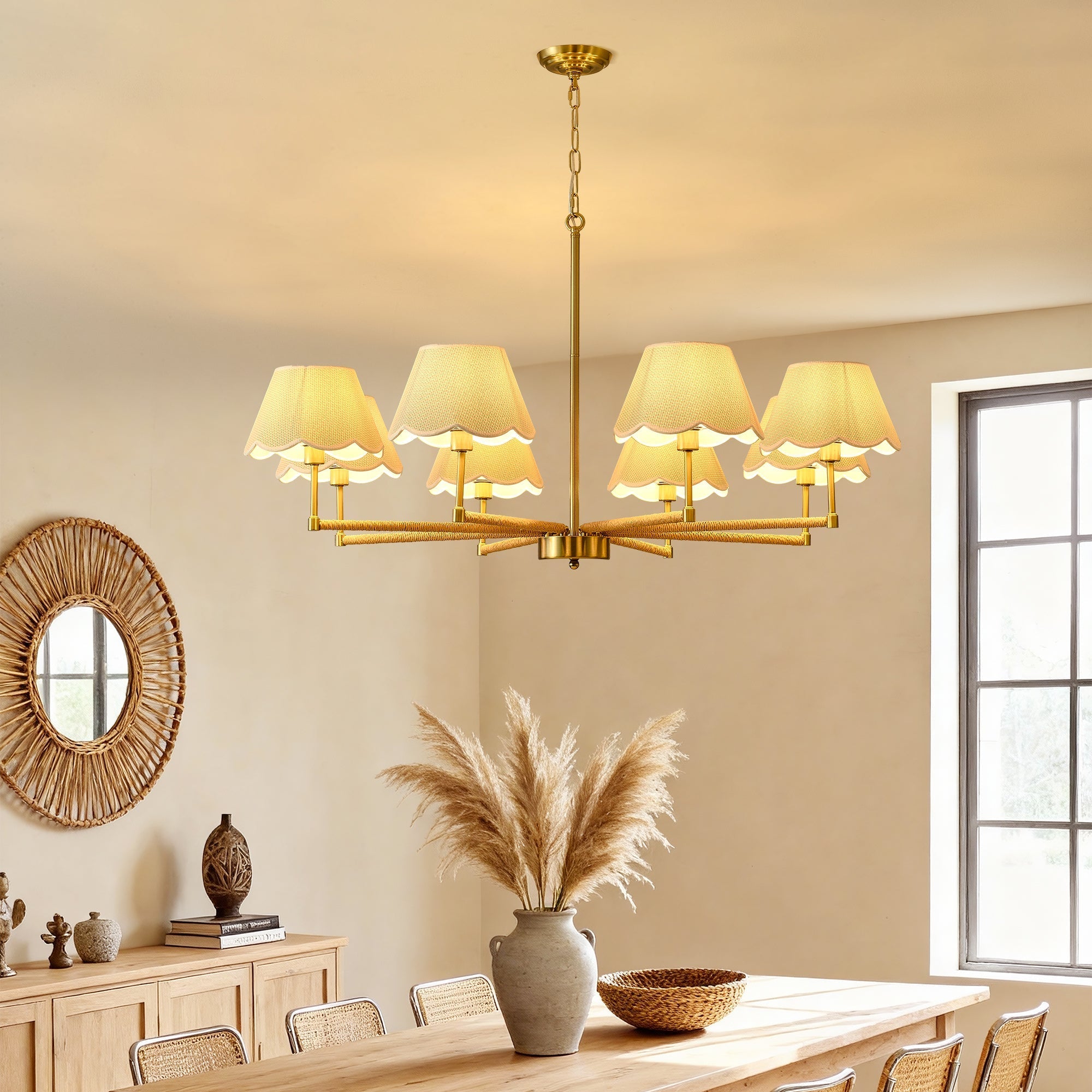 8-Light Rope and Fabric Shade Gold Chandelier