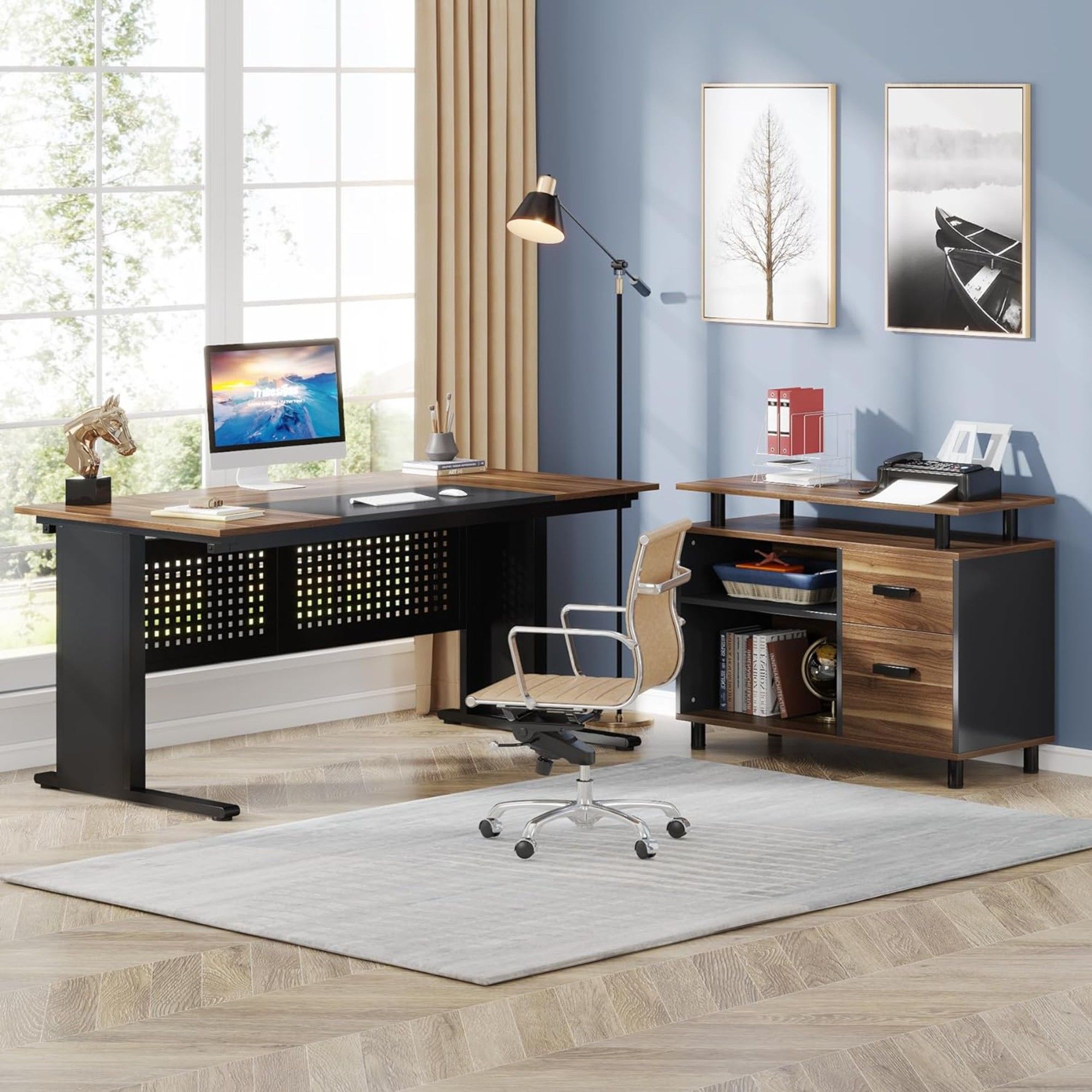 L-Shaped Executive Desk With File Cabinet, Office Workstation With Drawers, Shelves & Storage