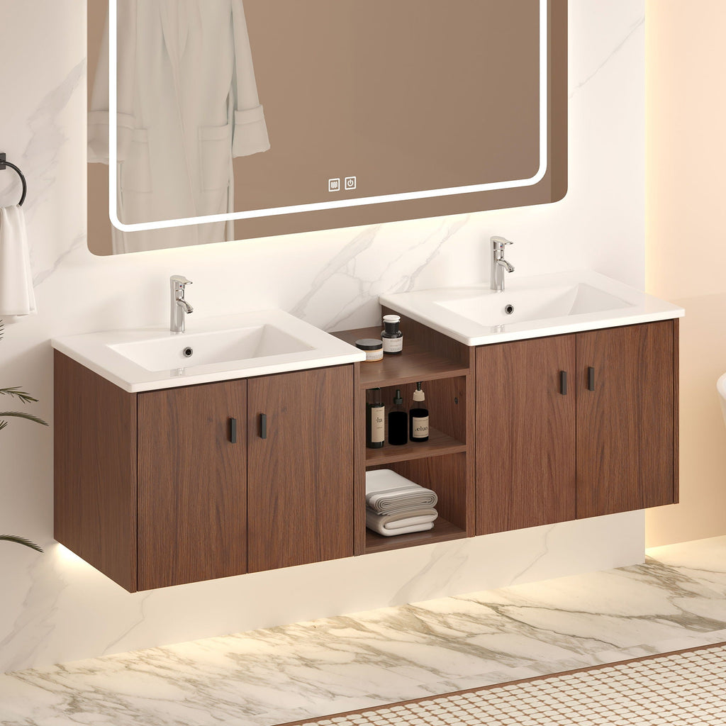 Soft Close Doors Bathroom Vanity With Small Storage Shelves, 24" And 12" Combination Cabinet - Reddish Brown