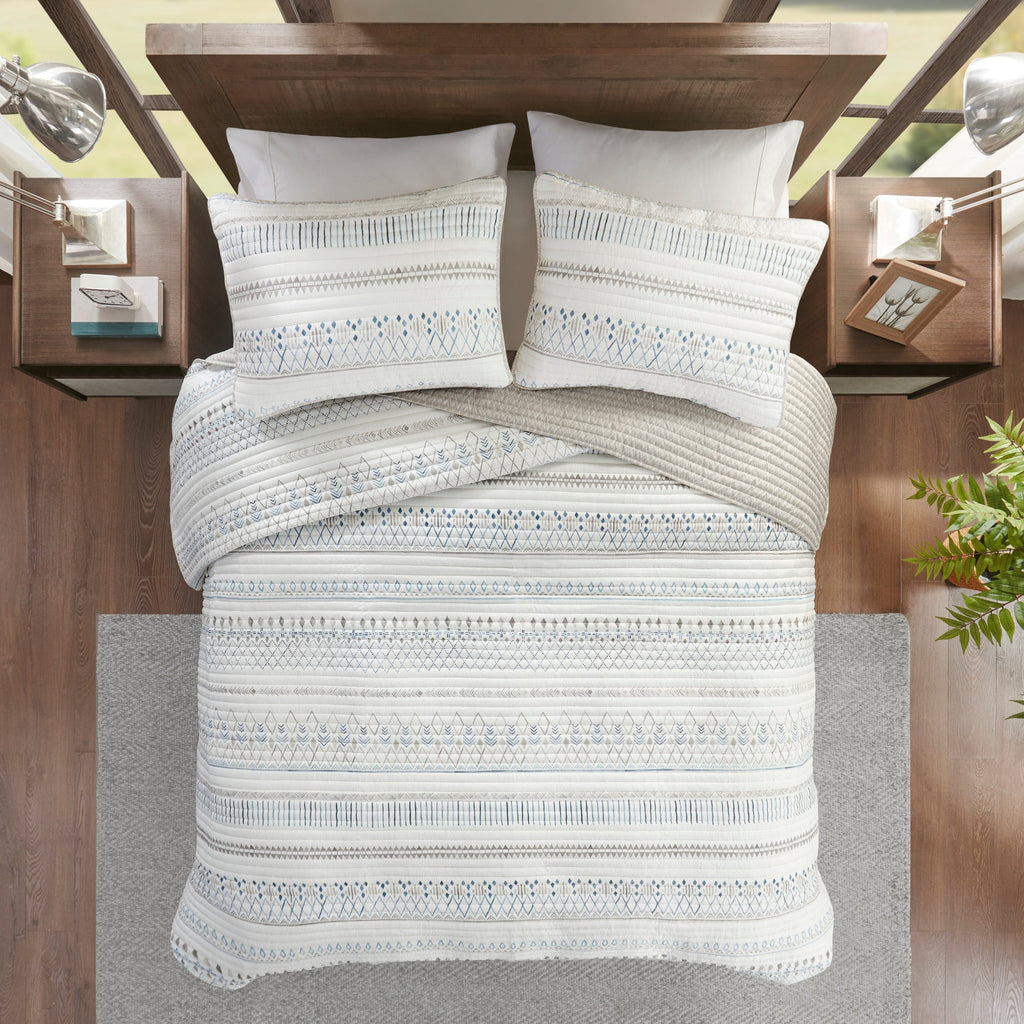 3 Piece Seersucker Quilt Set Taupe Blue King Cal King