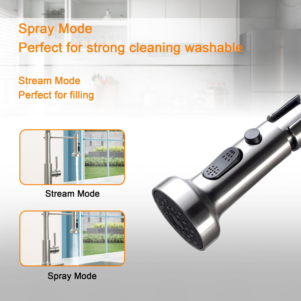 21" Commercial Kitchen Faucet With Dual Function Pull Down Sprayhead In, Stainless Steel - Brushed Nickel
