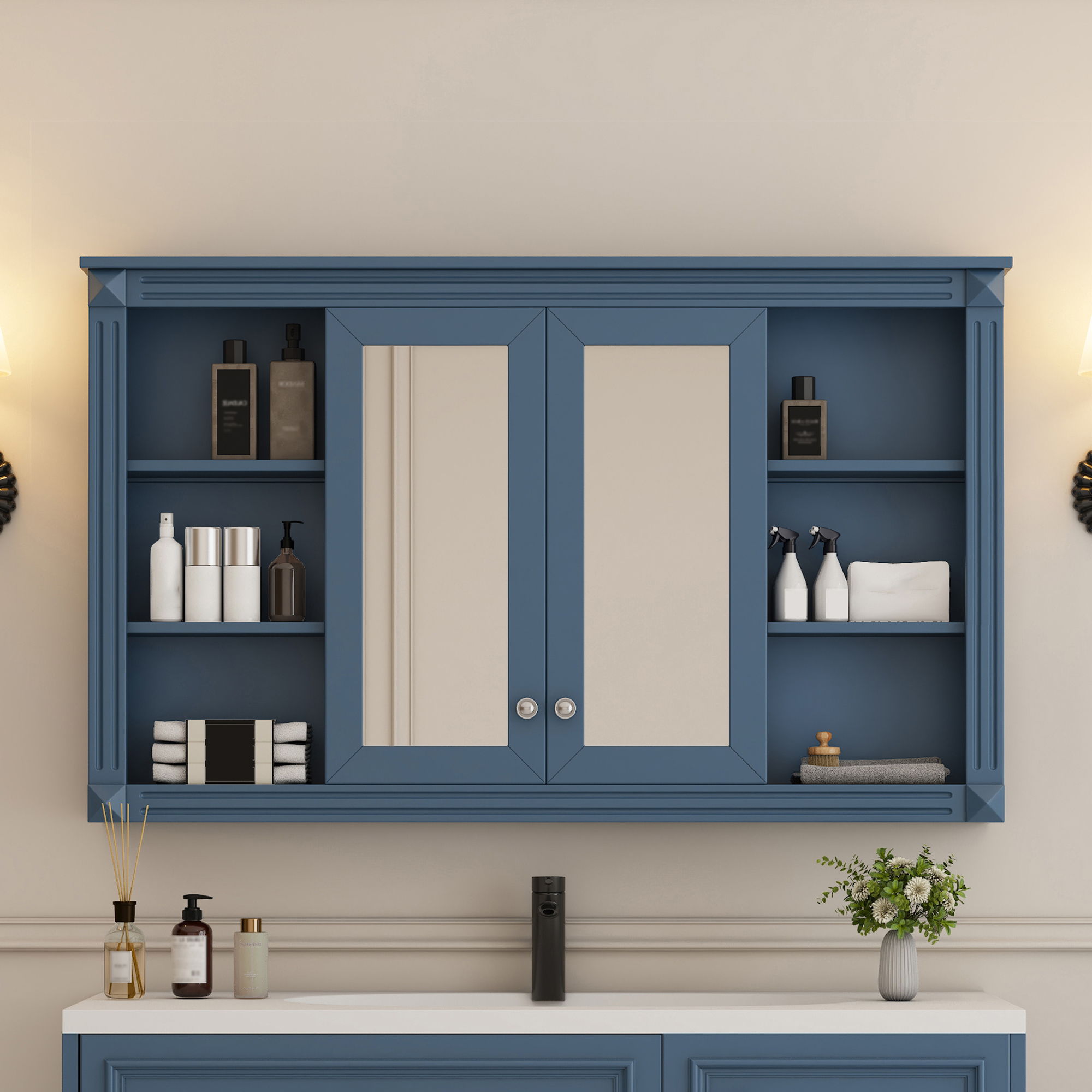 Wall-Mounted Mirror Cabinet With Adjustable Shelf and Open Shelves