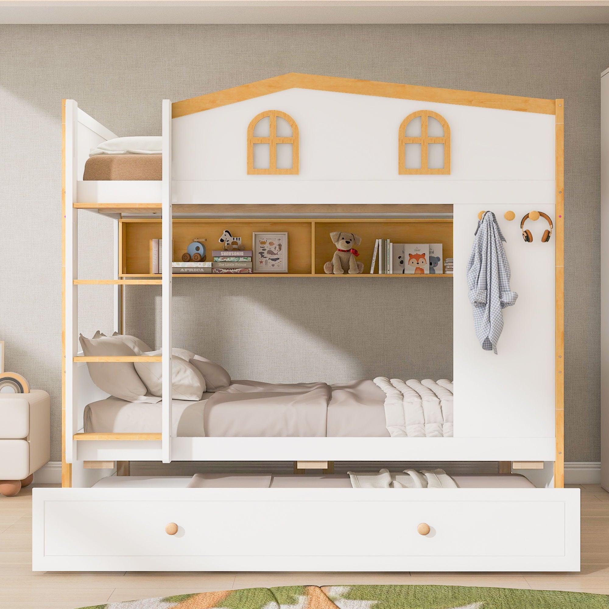Bunk Bed With House Shaped Guardrails, Storage Shelves, And Trundle