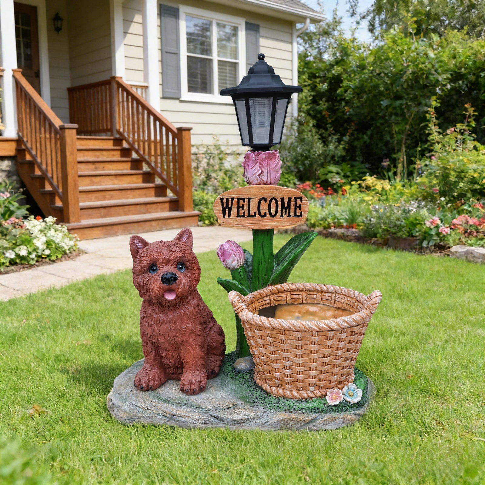 Sitting Puppy Solar Planter Outdoor Statue
