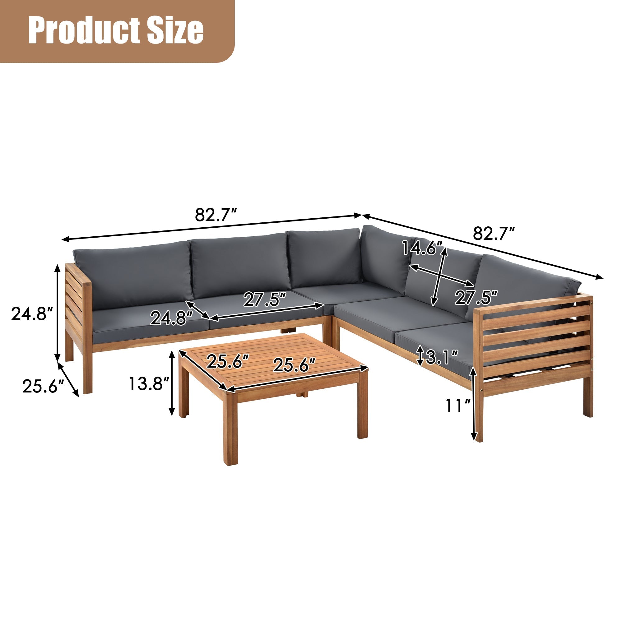 Wood Structure Outdoor Sofa Set with Gray Cushions