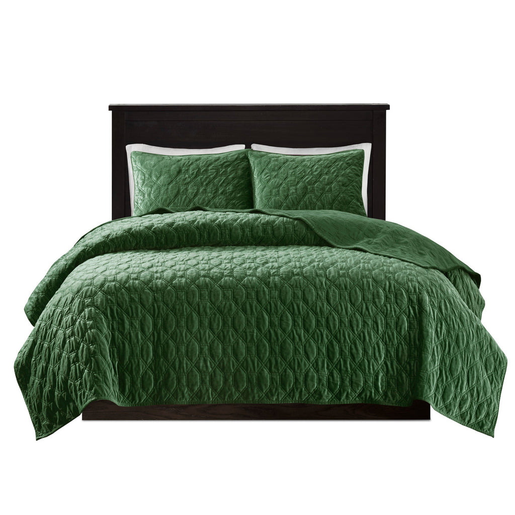 3 Piece Velvet Quilt Set Green Full/Queen