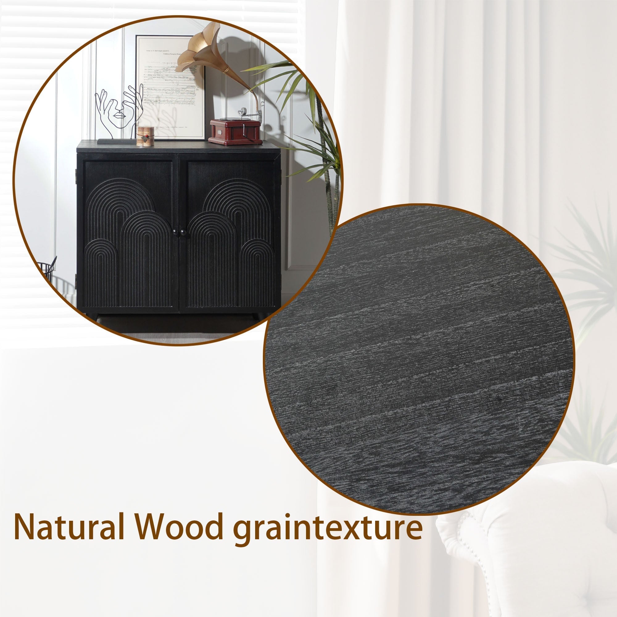 Modern Black Wood Storage Cabinet with Embossed Door