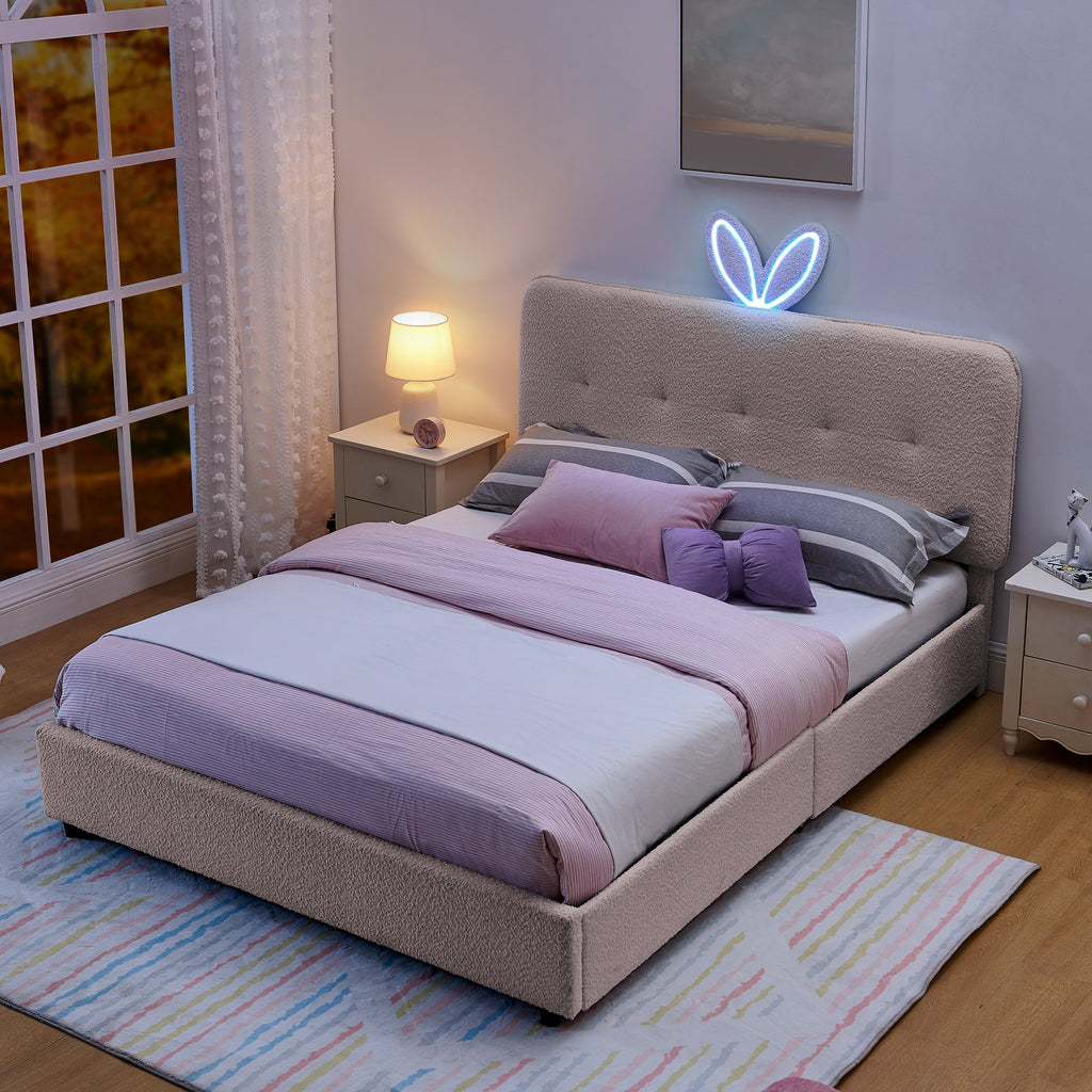 Queen Size Kids Upholstered Bed with Rabbit Ear Headboard & Storage