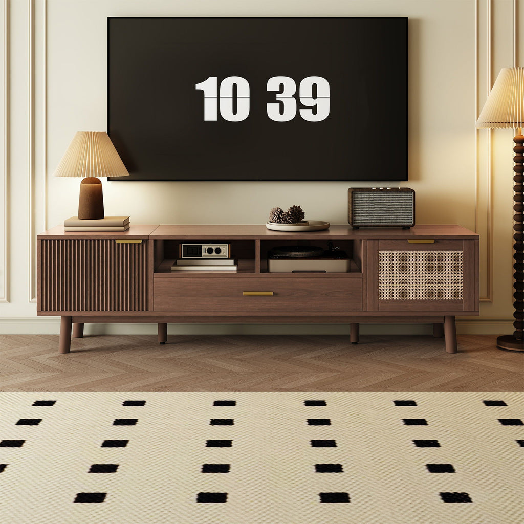 TV Stand for 75" TVs with Soft-Closing Doors and Drop-Down Cabinet