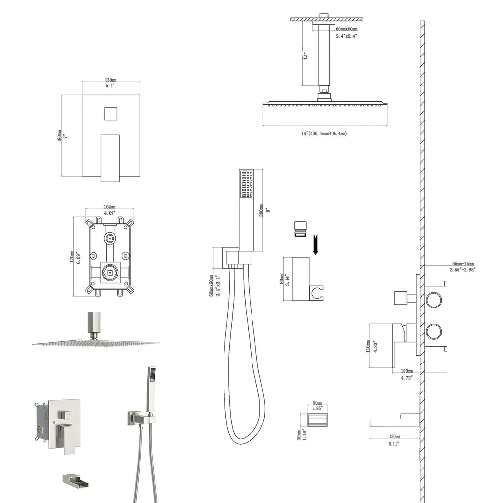 16" Ceiling Mount Square Shower System With Waterfall Tub Spout And Rough In Valve