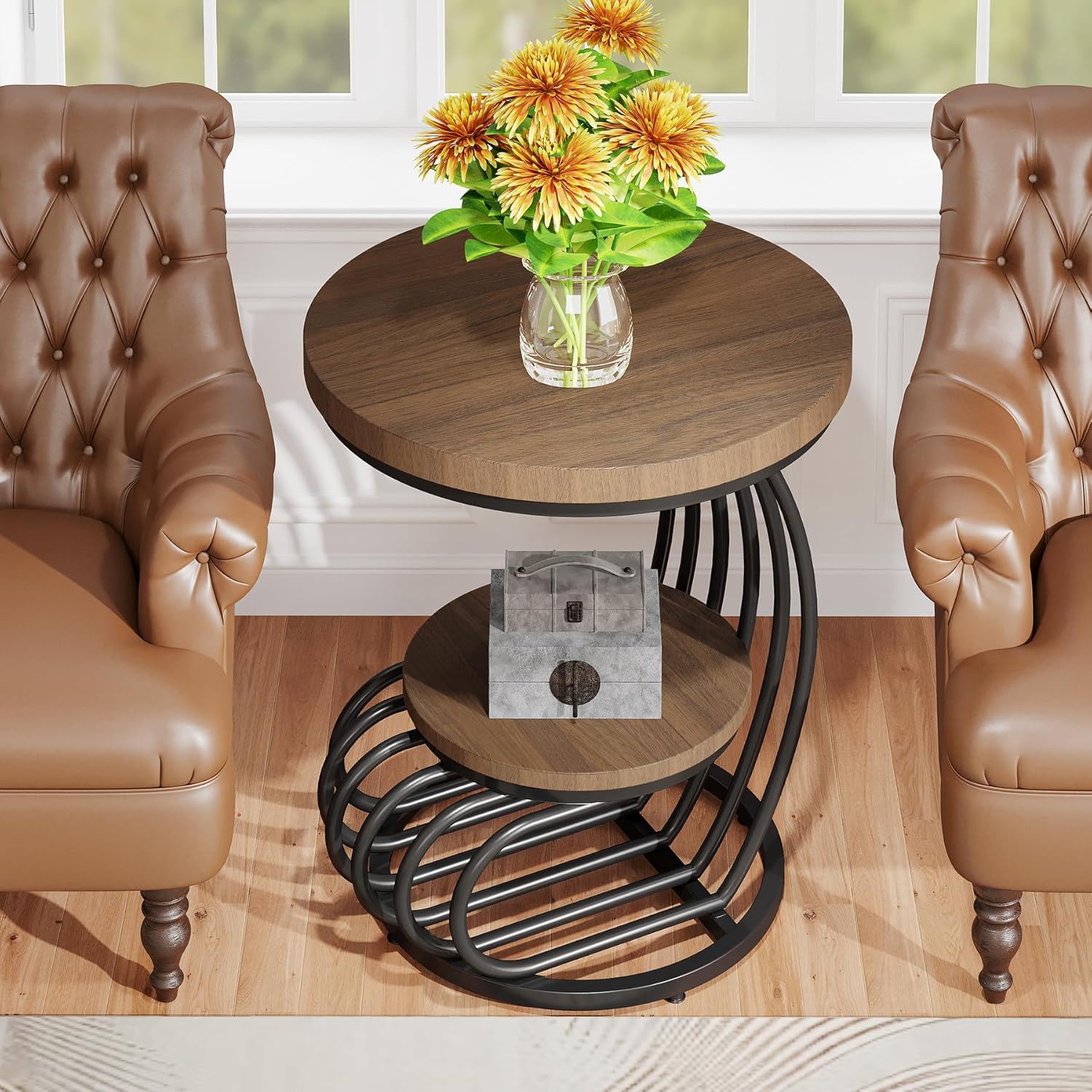 Round Vintage End Table With 2 Tier Storage