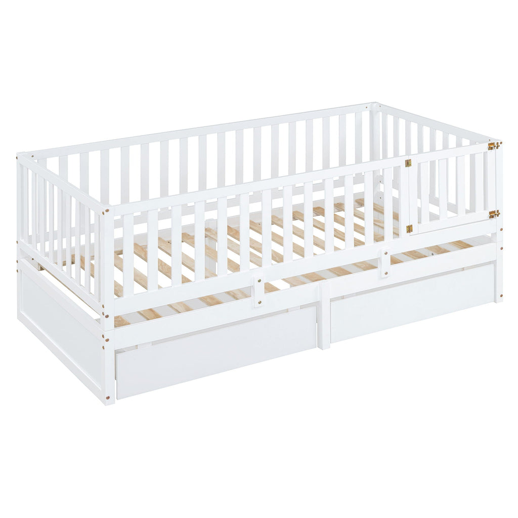 Daybed With Fence Guardrails And 2 Drawers, Split Into Independent Floor Bed & Daybed