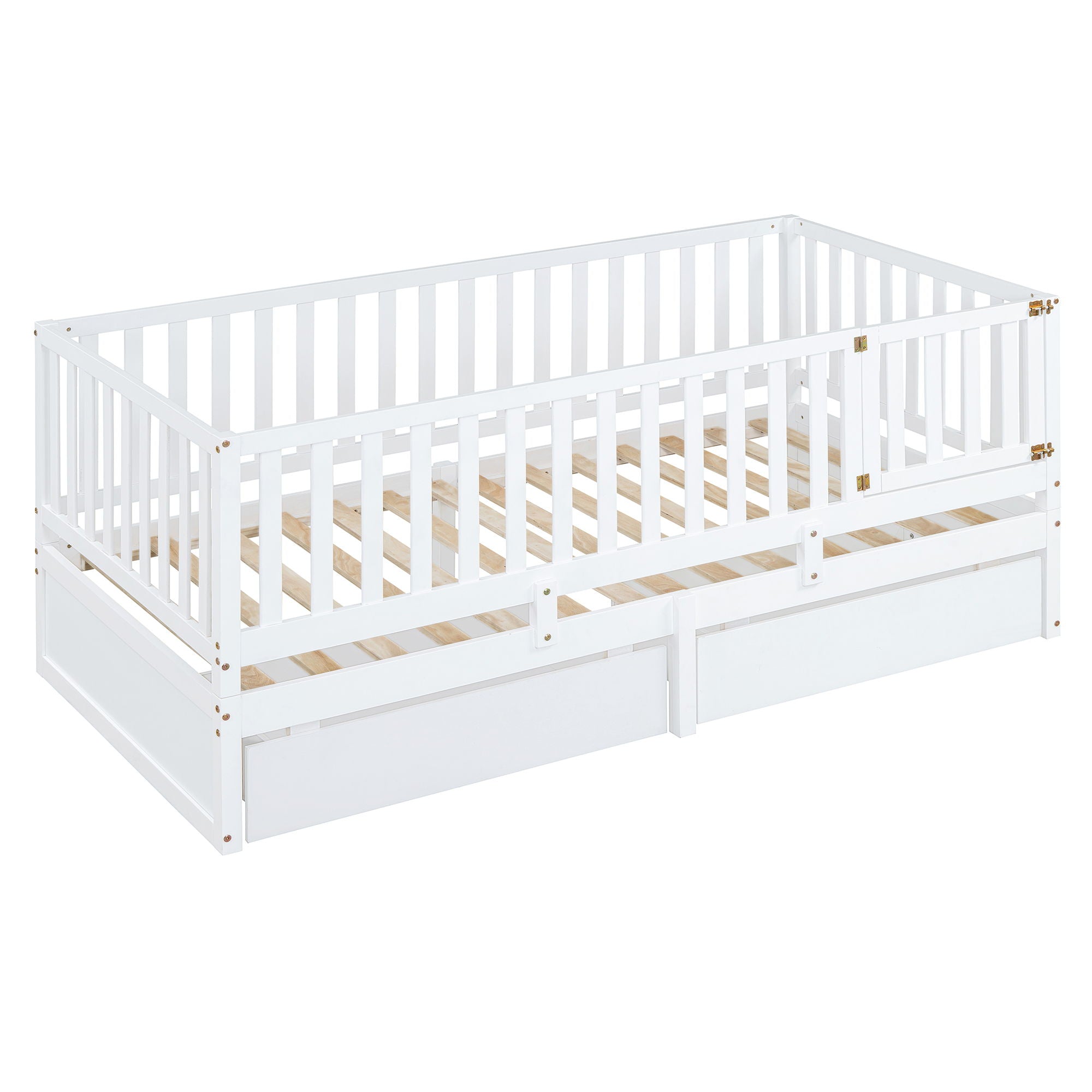 Daybed With Fence Guardrails And 2 Drawers, Split Into Independent Floor Bed & Daybed
