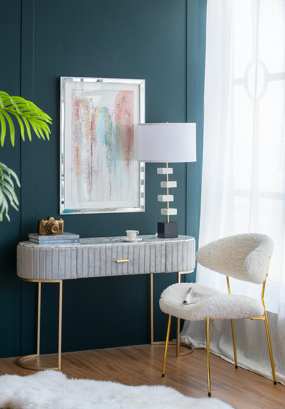 D15x30' Table Lamp with White Marble and Brass Frame