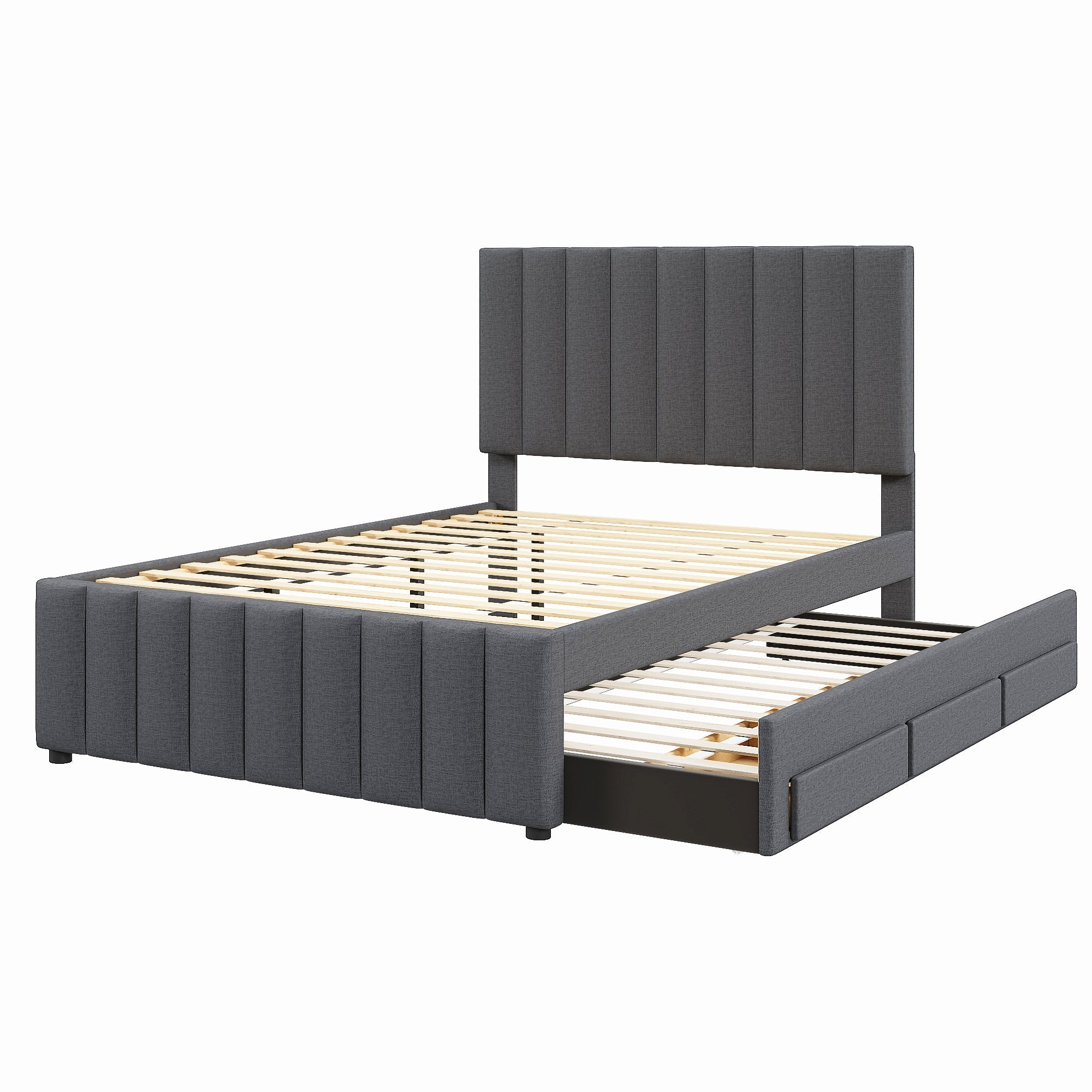 Full Size Upholstered Platform Bed with Twin Size Trundle and 3 Drawers