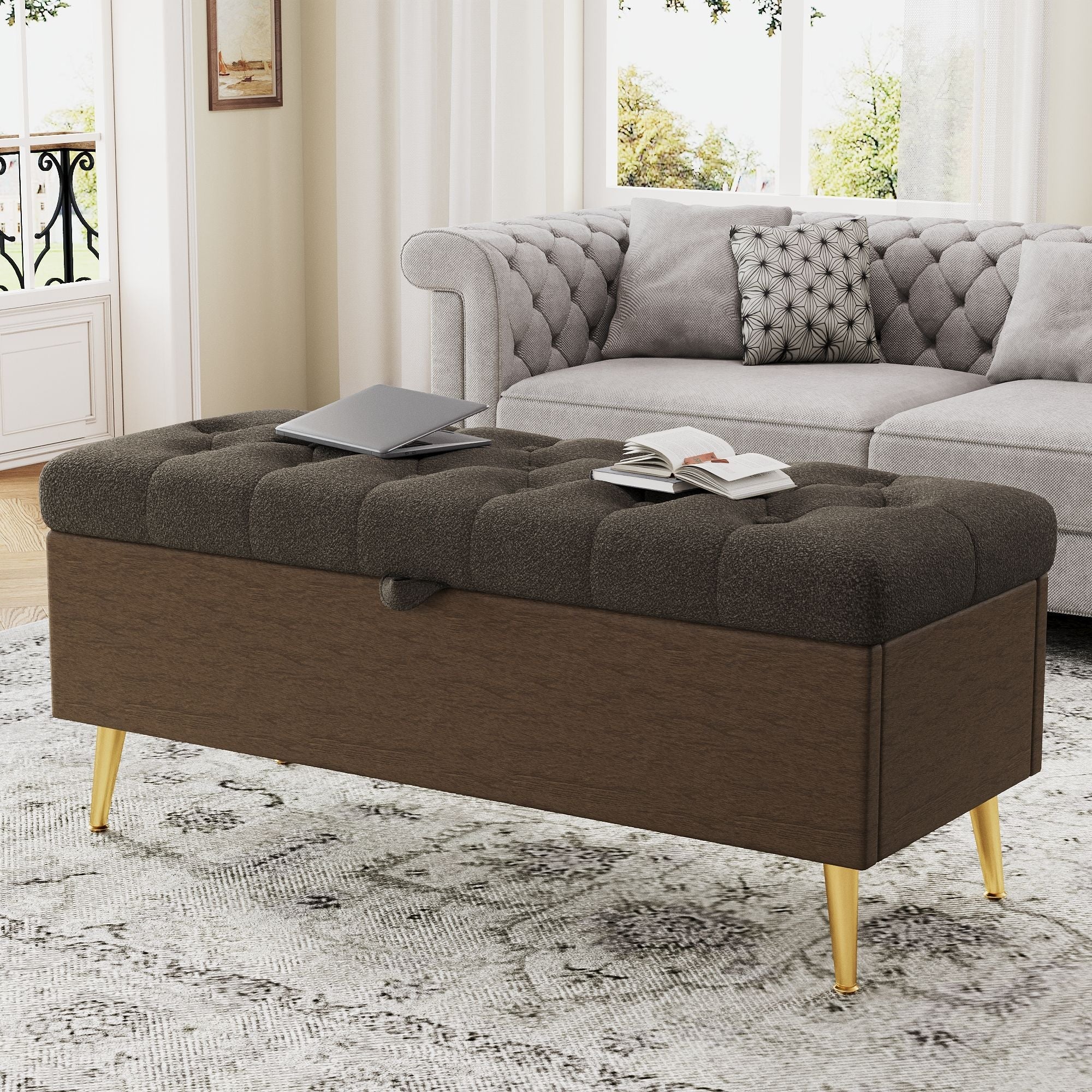 Modern Tufted Storage Ottoman Bench with Metal Legs