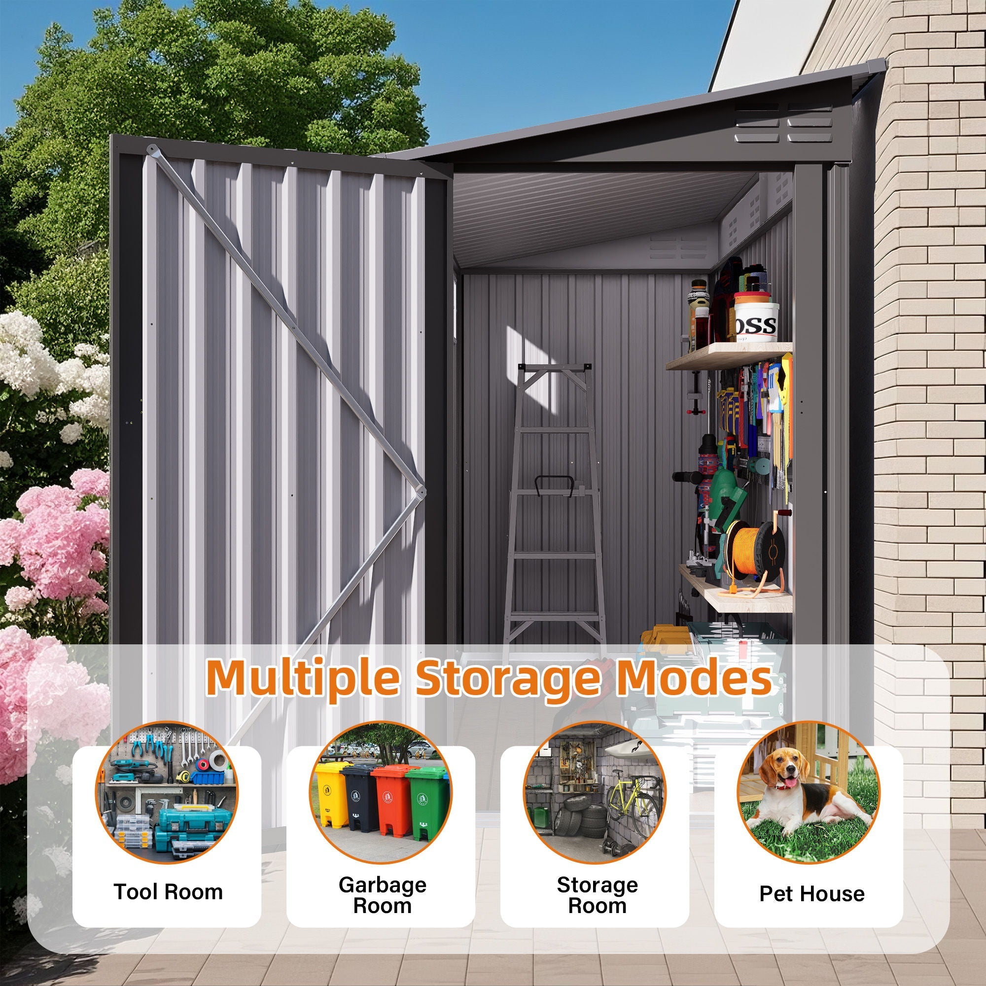 Lean To Shed With Windows, Tool House With Sloping Roof With 2 Vents And 1 Side Open Door For Backyard - Gray