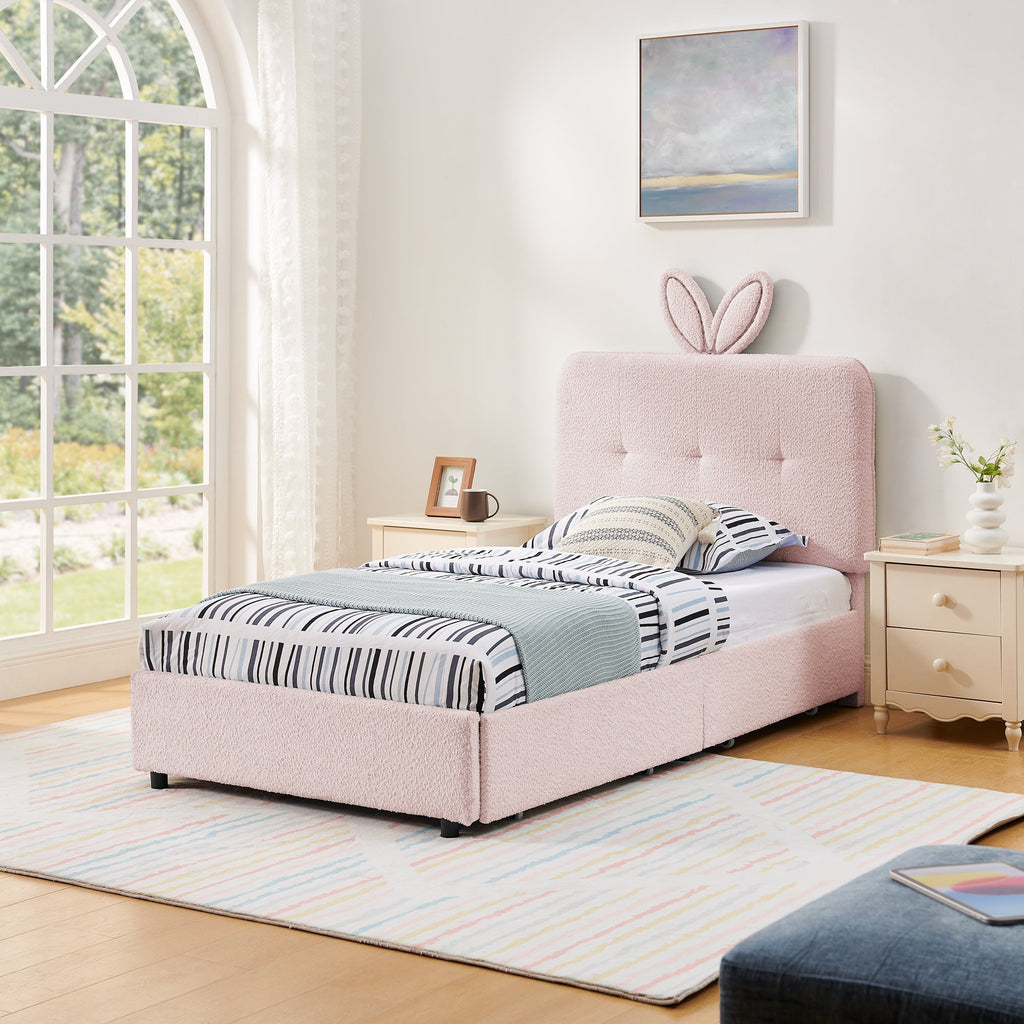 Twin Size Kids Upholstered Bed with Oversized Rabbit Ear Headboard
