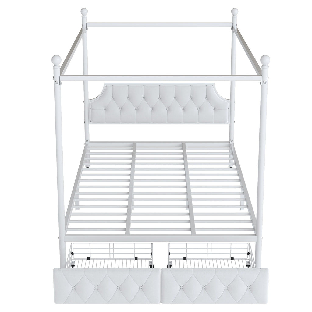 Queen Size Canopy Platform Bed With Upholstered Headboard And 2 Storage Drawers - White