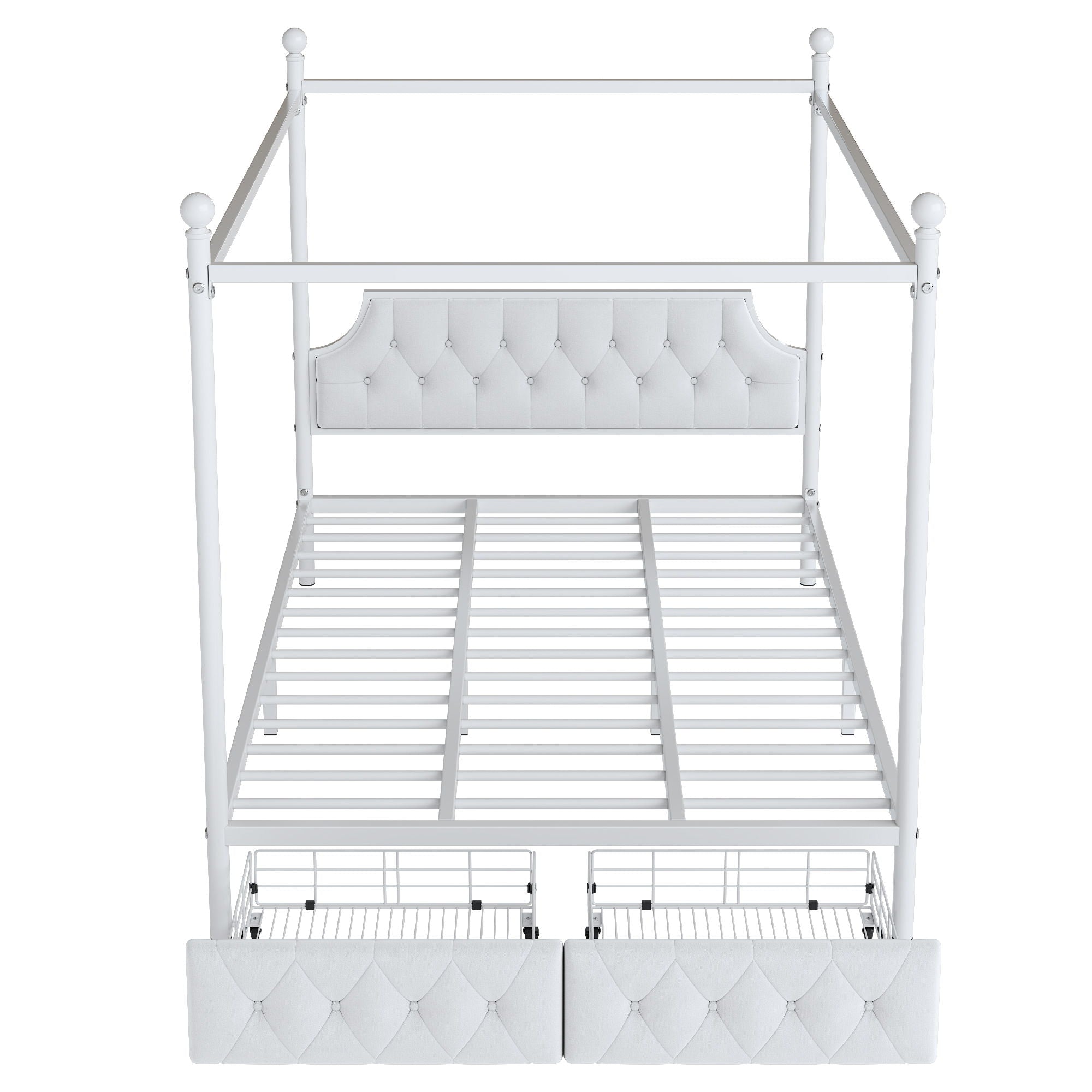 Queen Size Canopy Platform Bed With Upholstered Headboard And 2 Storage Drawers - White