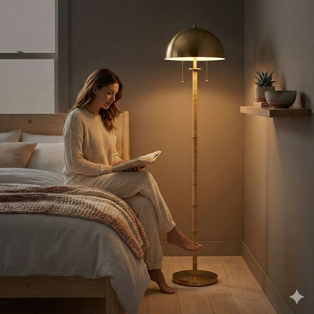 Allure - 2 Light Floor Lamp, Gold, Natural Tube, Double On / Off Pull Chain - Gold / Rattan