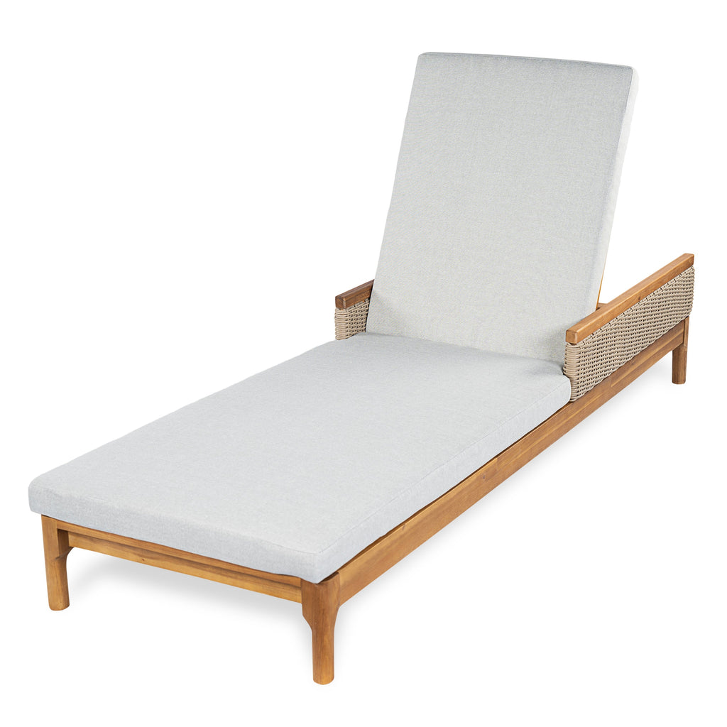 Solid Acacia Wood Sun Lounger with Grey Cushions and Light Grey Wicker