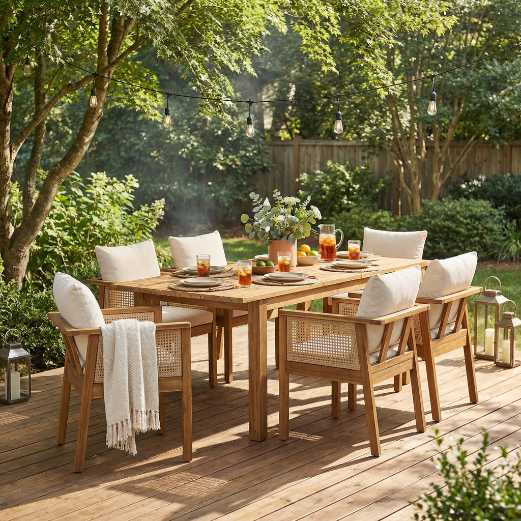 7 Pieces Acacia Wood Outdoor Dining Set with Cream Cushions and Natural Wicker