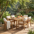 7 Pieces Acacia Wood Outdoor Dining Set with Cream Cushions and Natural Wicker