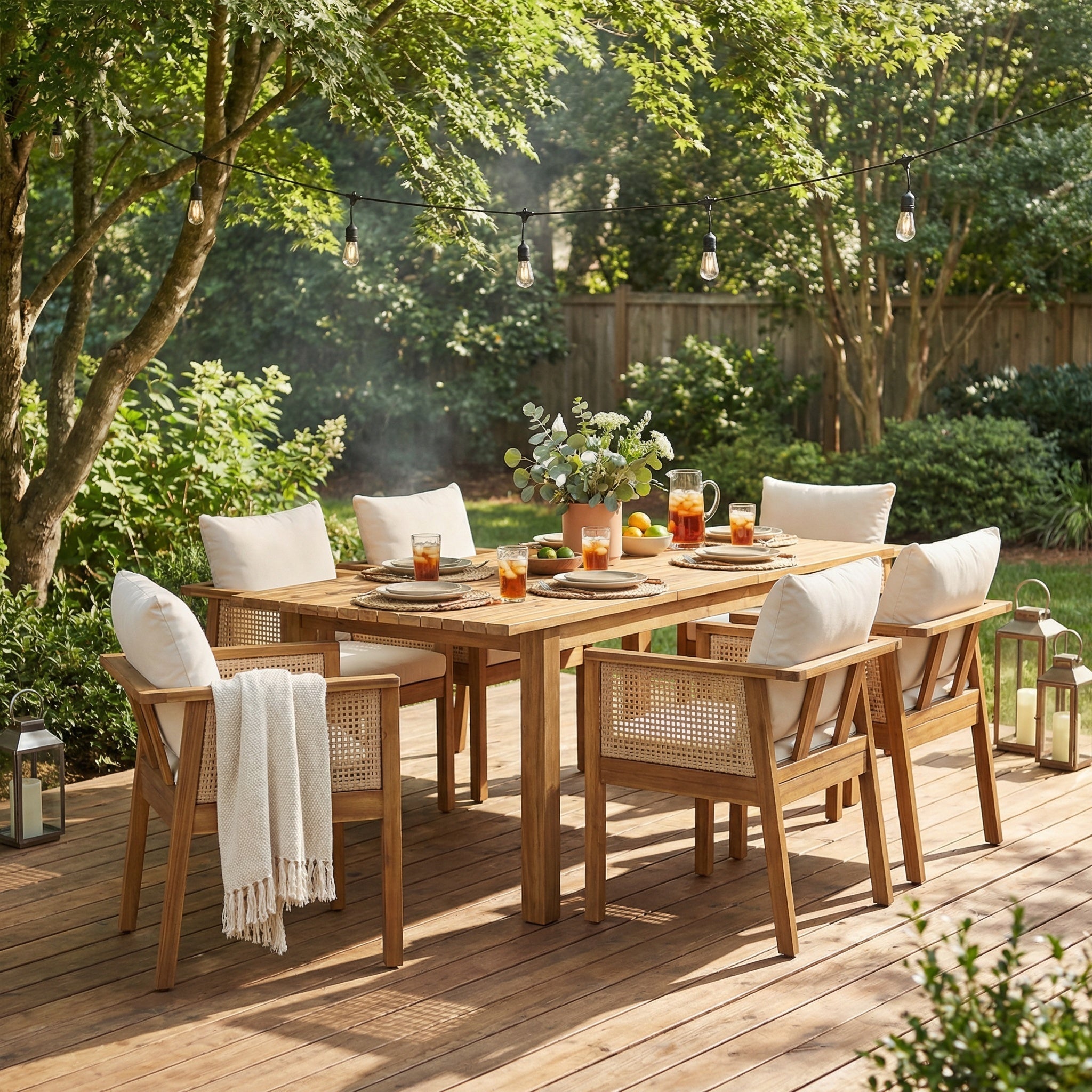 7 Pieces Acacia Wood Outdoor Dining Set with Cream Cushions and Natural Wicker