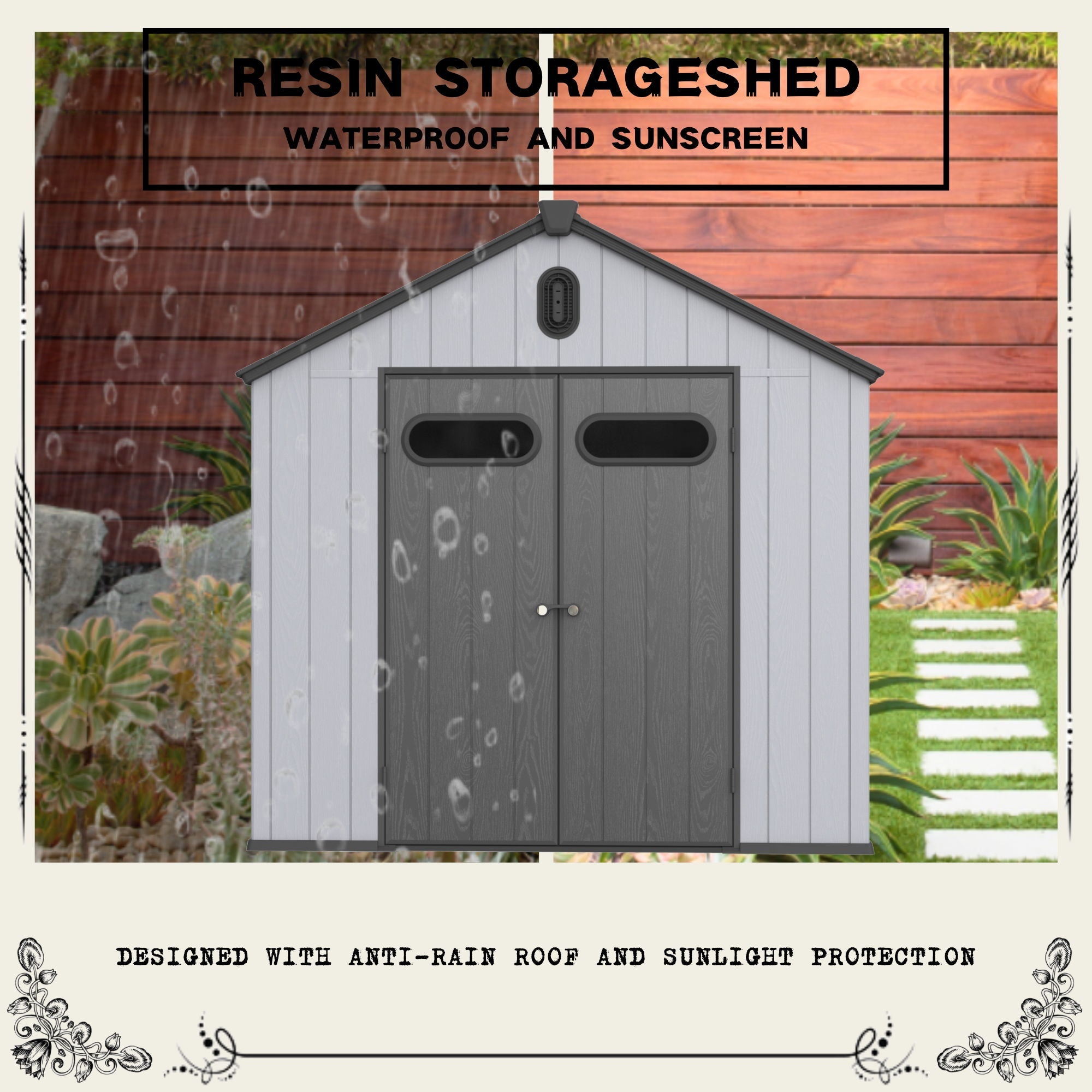 Resin Plastic Storage Shed For Backyard Garden With Spire Tool Storage