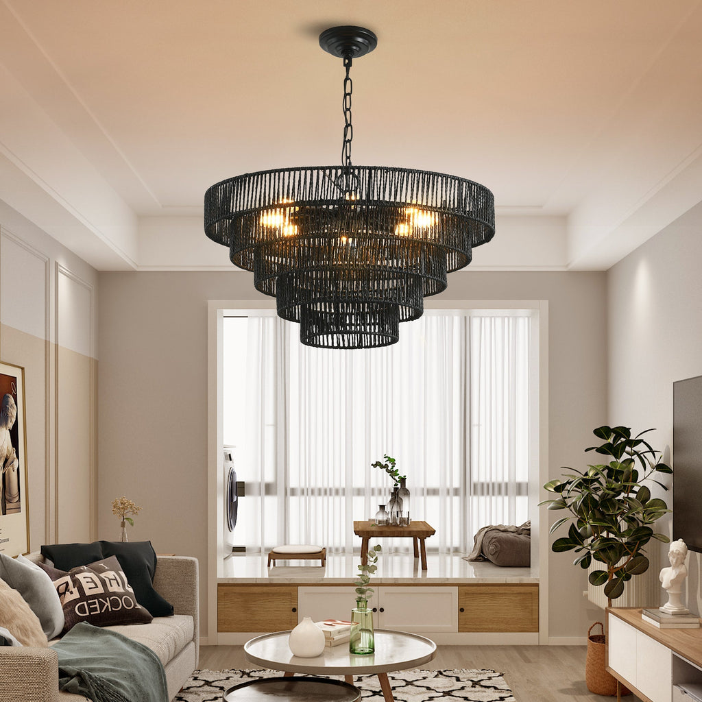 24" Rustic 5-Tier Black Hemp Rope Pendant Light Chandelier