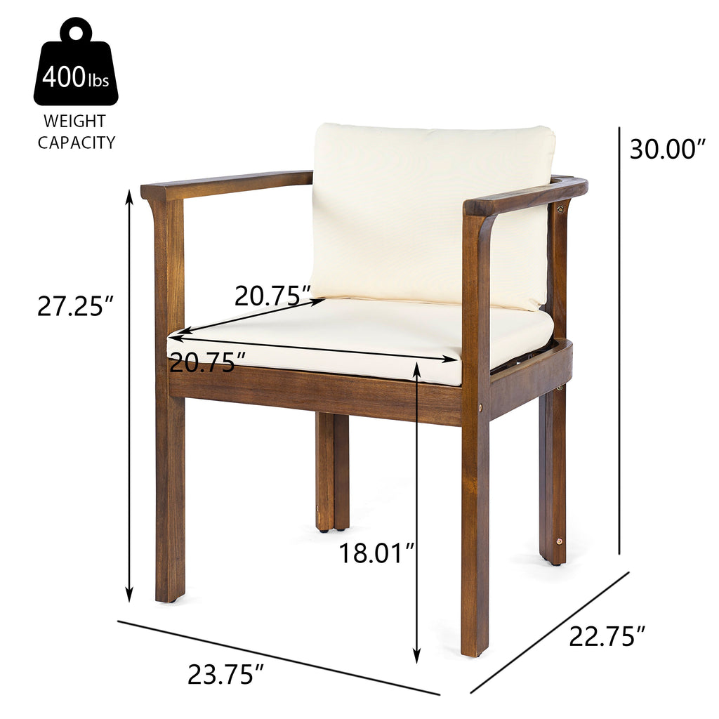 Outdoor Dining Chair Set of 2 with Curved Acacia Wood Arms, Brown Finish and Cream Cushions