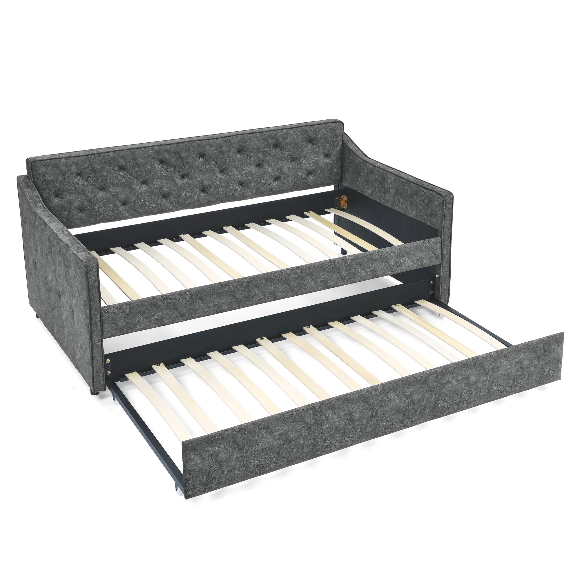 Twin Upholstered Daybed With Trundle, Waved Arms - Gray