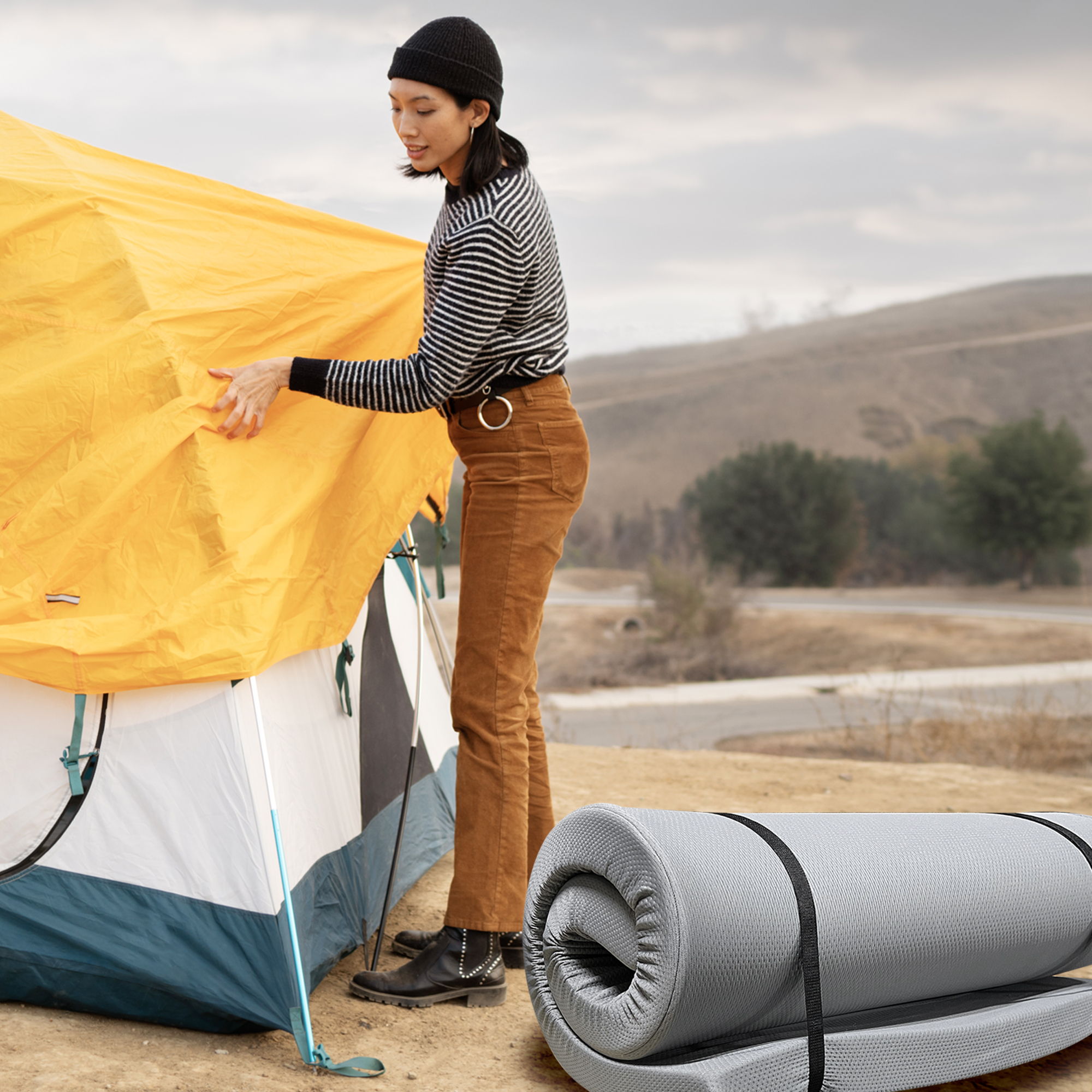 Memory Foam Camping Mattress With Water Resistant Zipper Cover - Gray