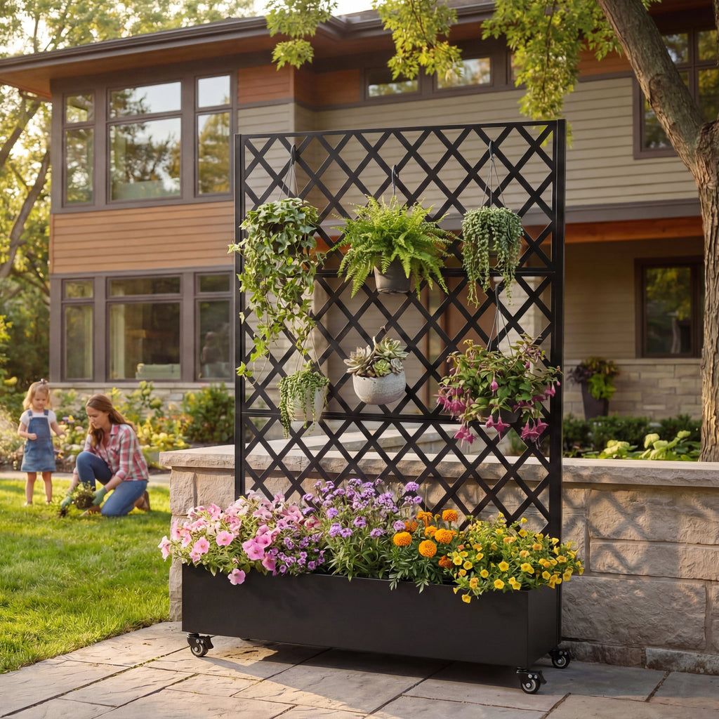Metal Raised Garden Bed with Wheels and Trellis