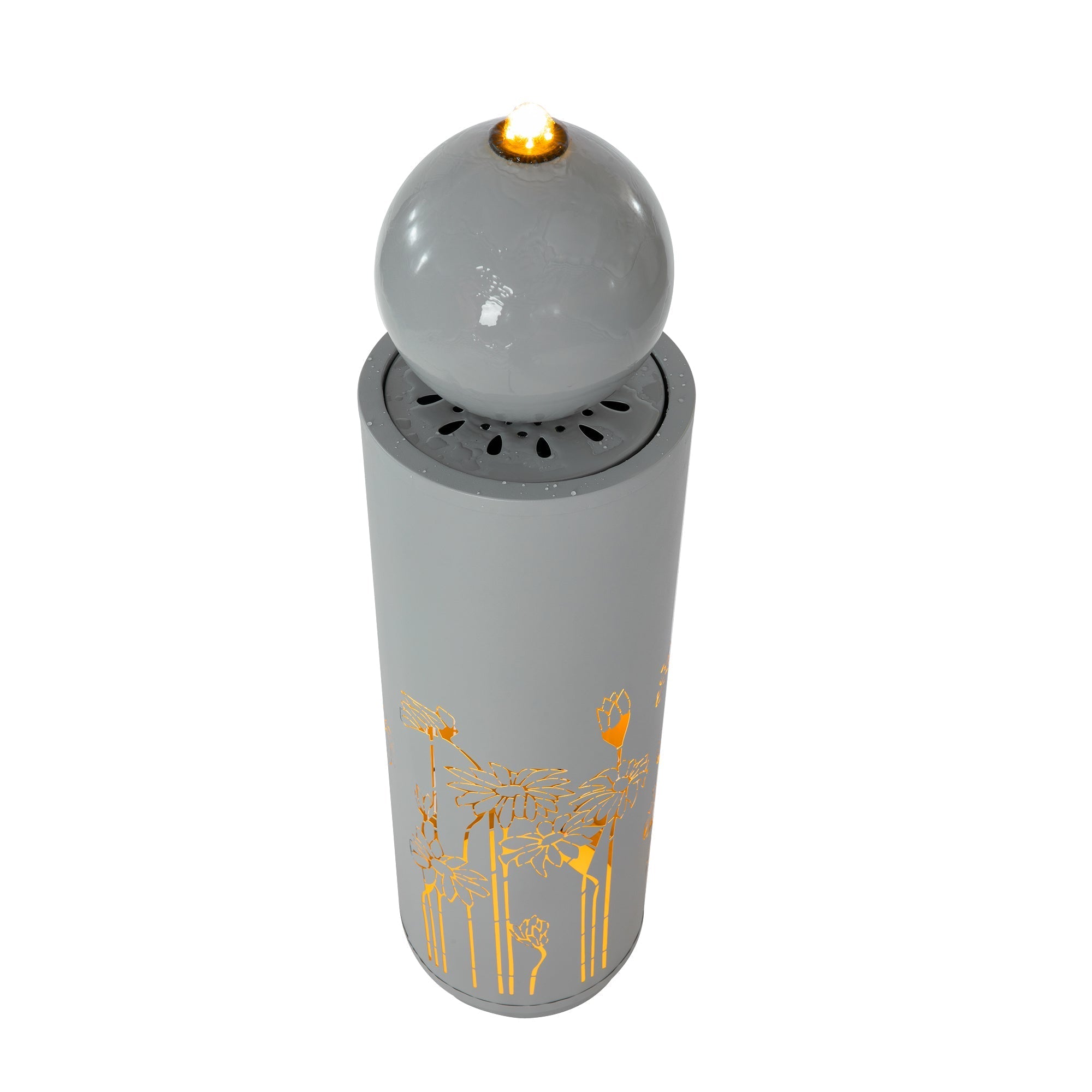 34.25'H Light Gray Metal Cutout Outdoor Water Fountain with LED Lights