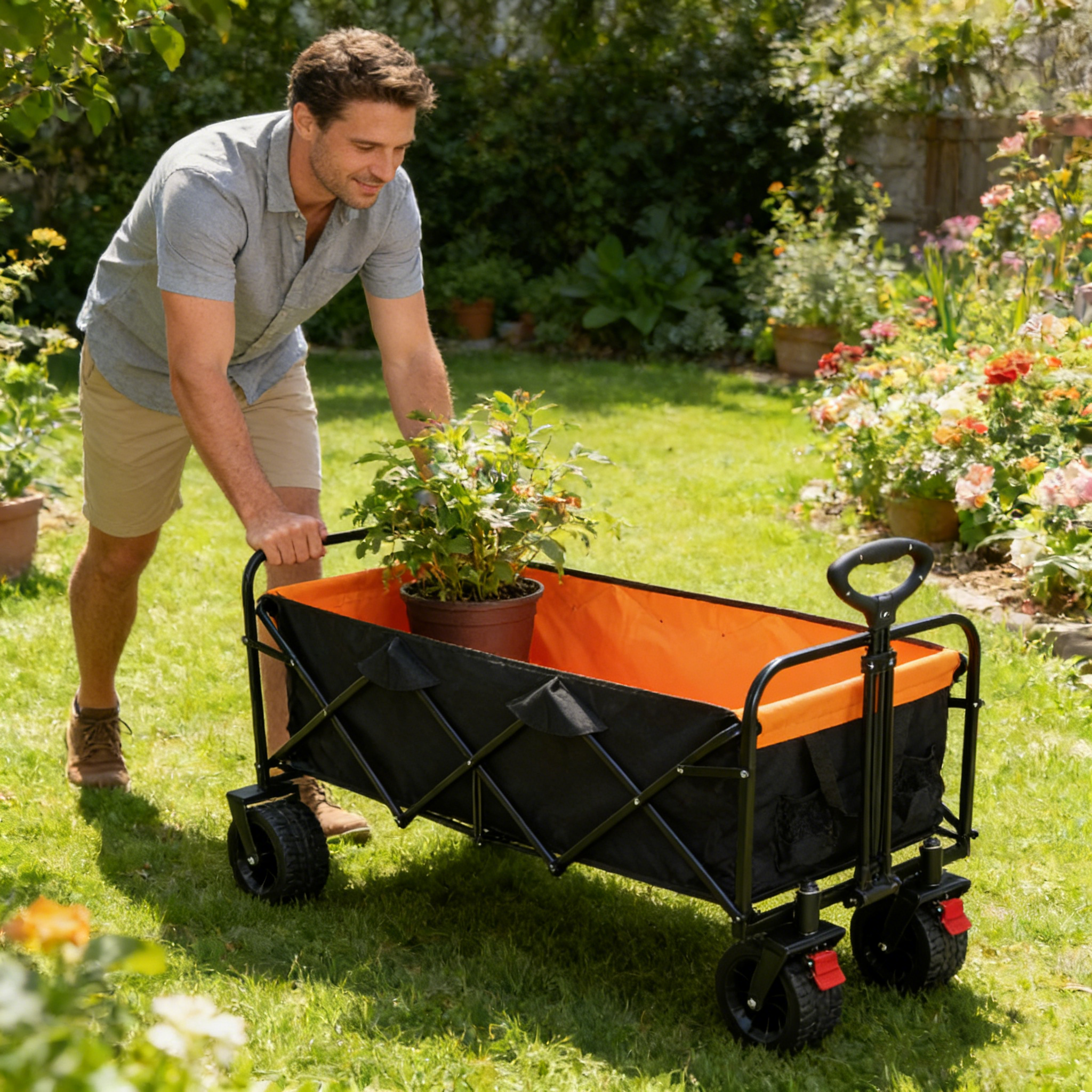 Big Large Capacity Folding Wagon Cart with Extender (Black + Orange)
