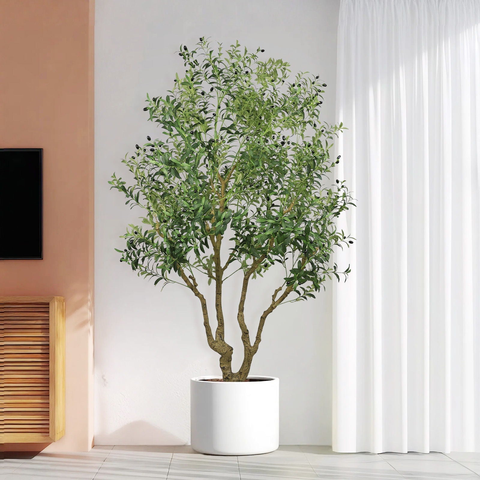 Artificial Olive Tree Large With Trunk, Indoor / Outdoor Decorative Plant For Living Room - Green