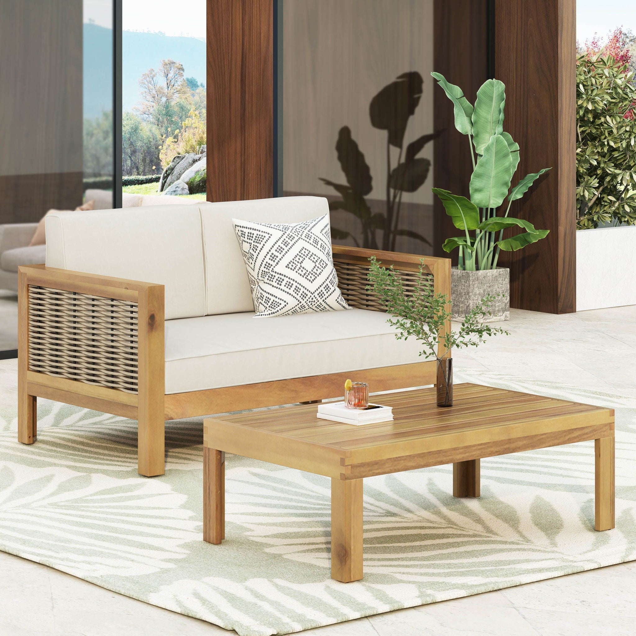 Outdoor Patio Set with Coffee Table and Loveseat - Teak Beige