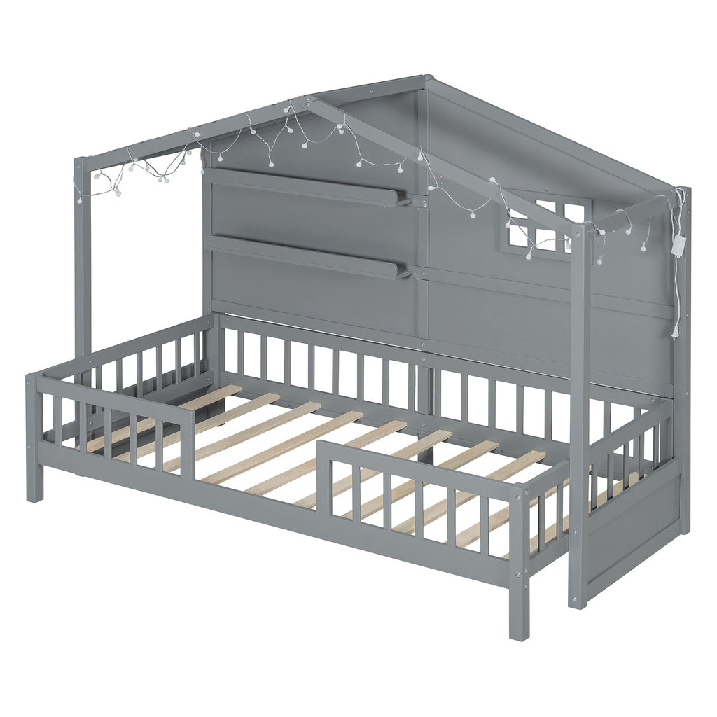 House Bed With Shelves, Window And Sparkling Light Strip On The Roof