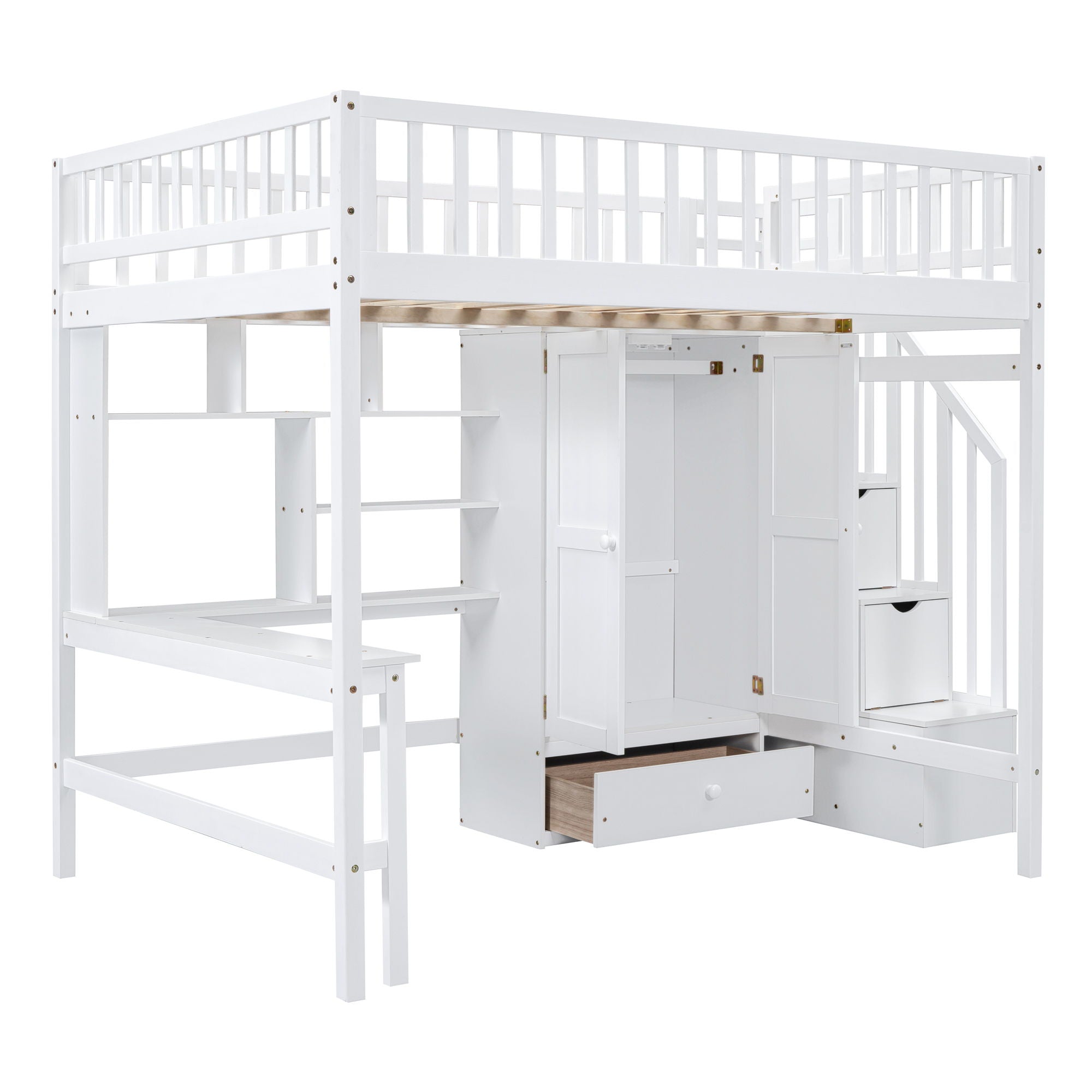 Loft Bed With Bookshelf, Drawers, Desk, And Wardrobe