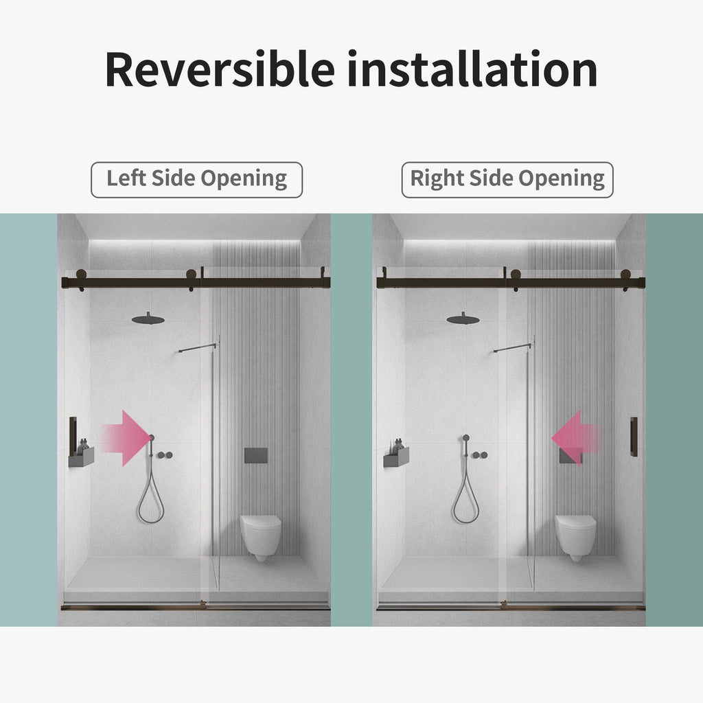 Frameless Single Sliding Soft Close Shower Doors, 3 / 8" Tempered Glass Reversible Installatio