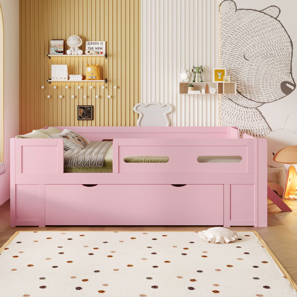 Platform Bed With Guardrail And Drawer