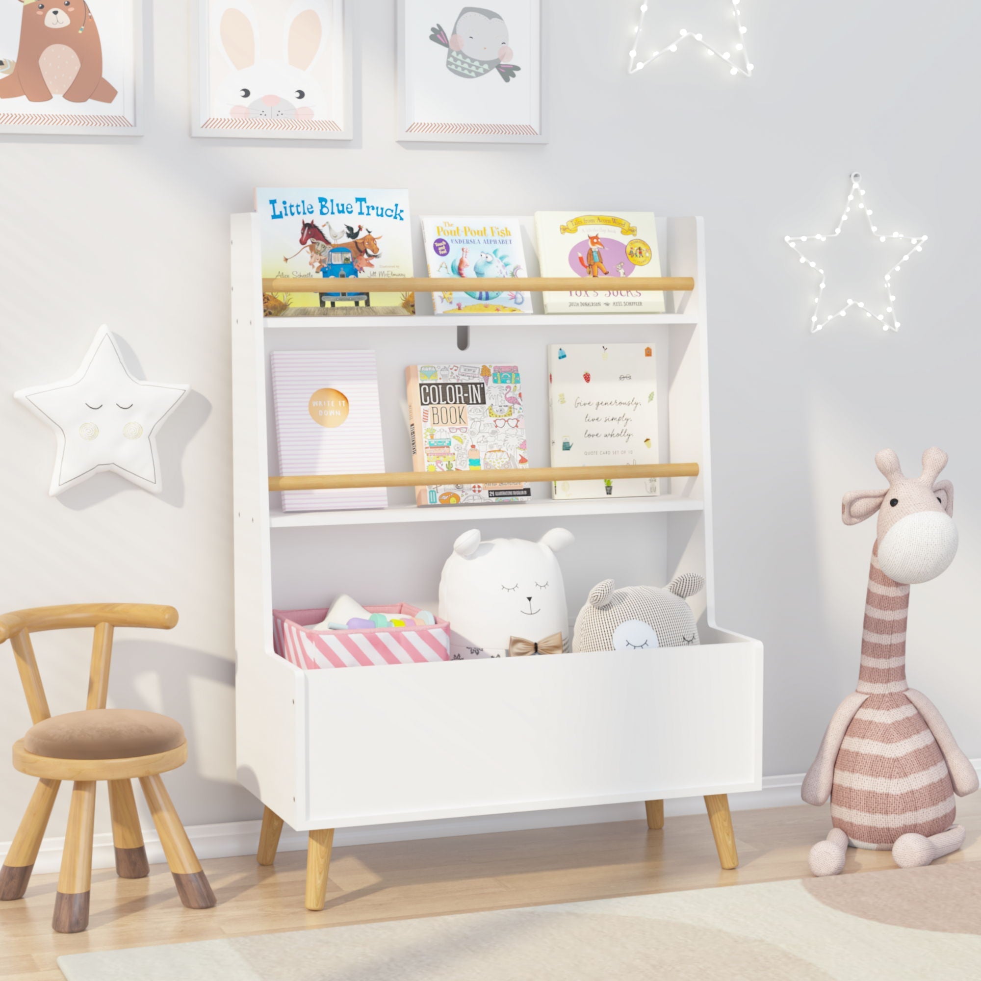 Bookshelf, Book Organizer With Toy Storage - White